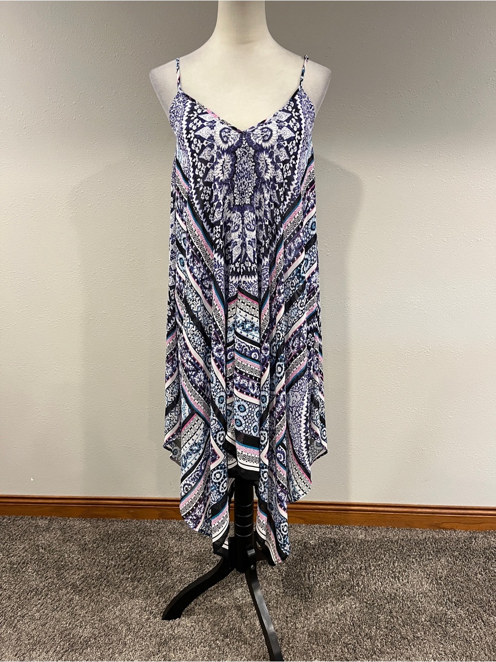 Express Boho Printed Handkerchief as symmetrical swing dress size XS